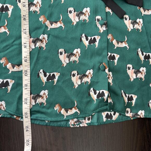 Zara Top Womens XL Dog Print Bow Button Blouse Novelty New Green Blogger Fave - Picture 12 of 13
